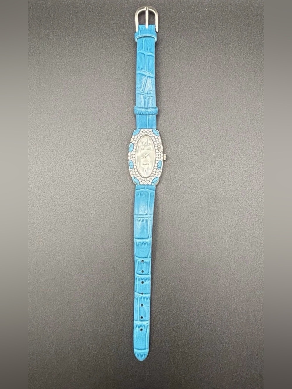 Vernier Ladies Oval Face Turquoise Crystal Encrusted Bezel Leather Strap Watch